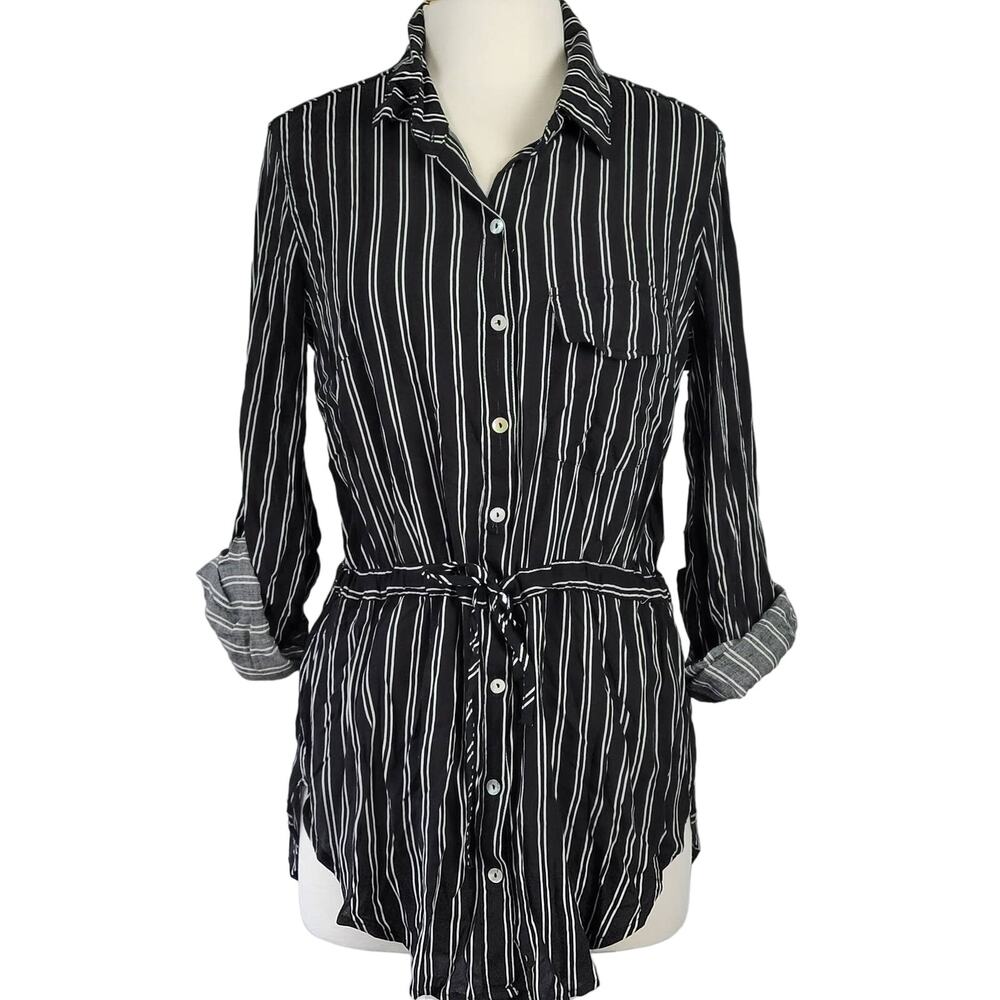 Just Living The Dream Black White Striped Shirt NEW Button Up Tunic Women Size S